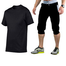 跨境春夏季新款运动休闲T恤男士时尚健身跑步七分裤和T恤套装短袖