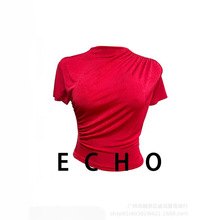 Echo短款修身黑色半高领内搭打底衫女夏季设计感紧身短袖t恤特别