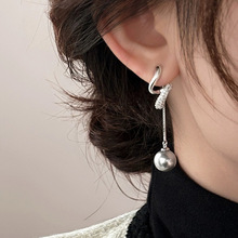 轻奢镶钻长款流苏亚麻灰珍珠耳环女小众设计感耳饰高级耳钉纯银
