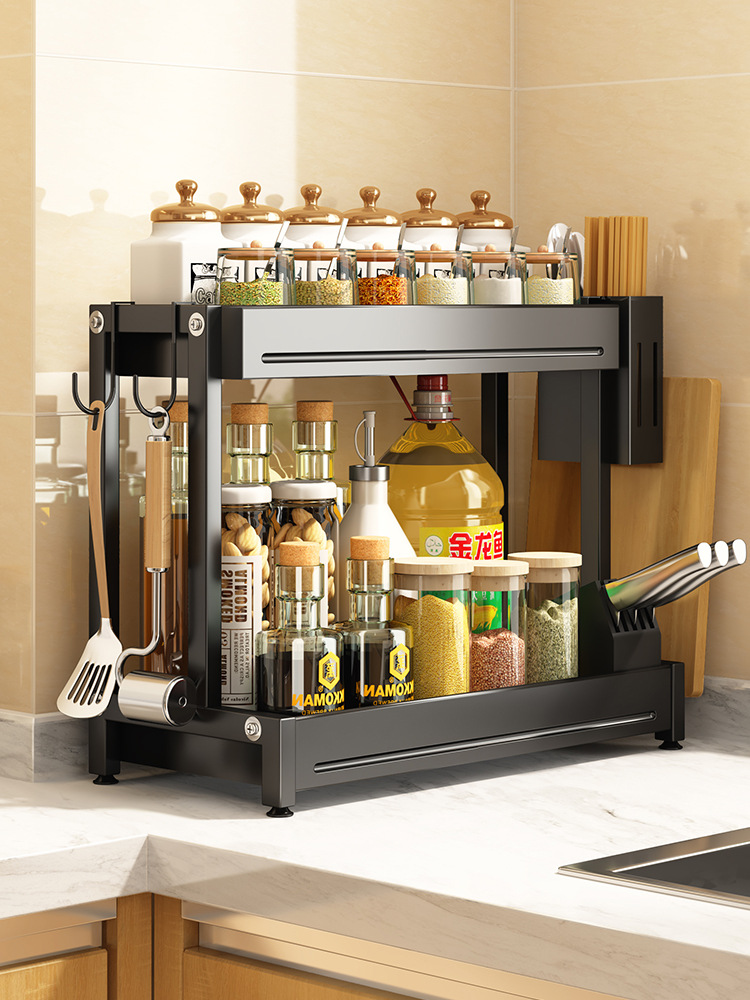 厨房多功能调料架家用台面双层油盐酱醋置物架灶台收纳黑色刀架