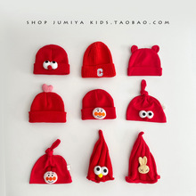 新年感满满红色帽子~秋冬婴儿帽子可爱超萌0-3-6个月宝宝护耳帽潮