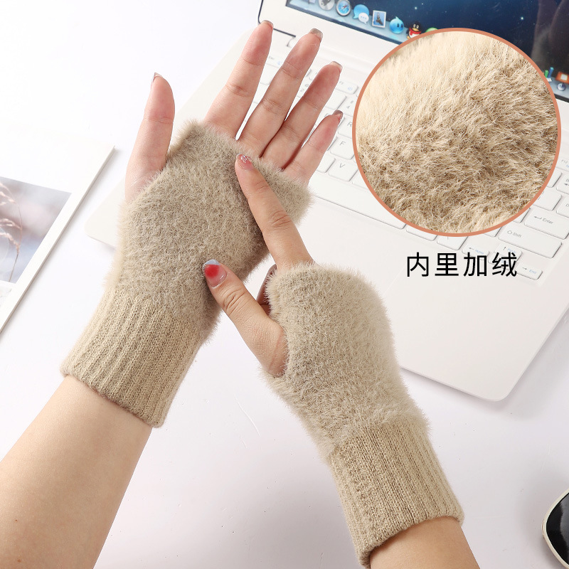 Plush Half Finger Women's Lengthened Wrist Gloves Winter Student Writing Leaking Pointer Woven Gloves Touch Screen Warm Gloves