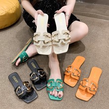 欧美大码女鞋2024女士外穿韩版一字金属双扣凉鞋女拖鞋女slippers