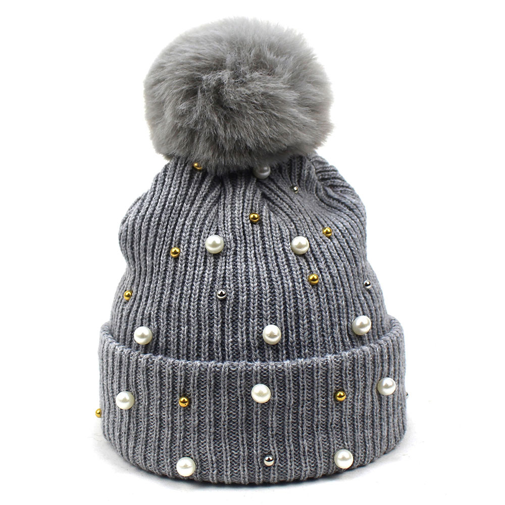 新款秋冬女士毛线帽珍珠针织帽子甜美可爱毛球帽卷边套头帽批发