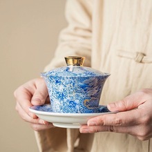 可旋转悬停三才盖碗中式功夫家用泡茶带盖金银錯羊脂玉瓷茶碗