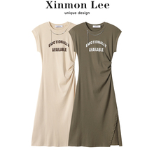 XinmonLee休闲T恤印花半袖连衣裙子夏季女气质显瘦开叉设计感长裙