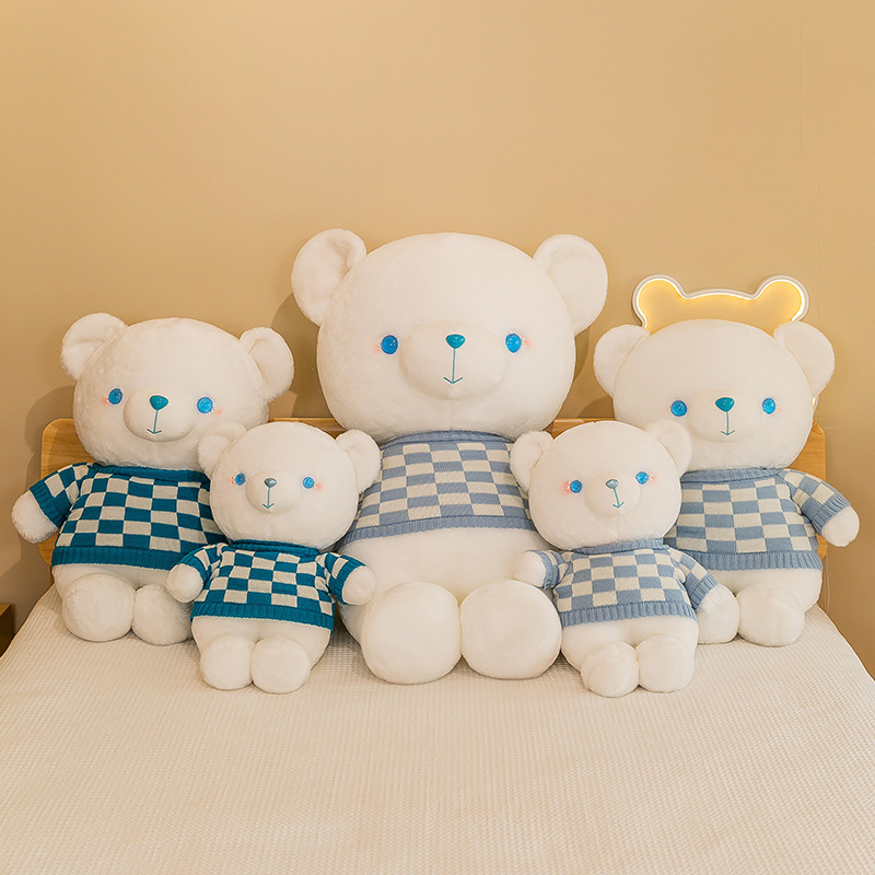 Cross-Border New Arrival Blue and White Plaid Little Bear Doll Dressing Teddy Bear Plush Toy Pillow Birthday Gift Promotion Wholesale