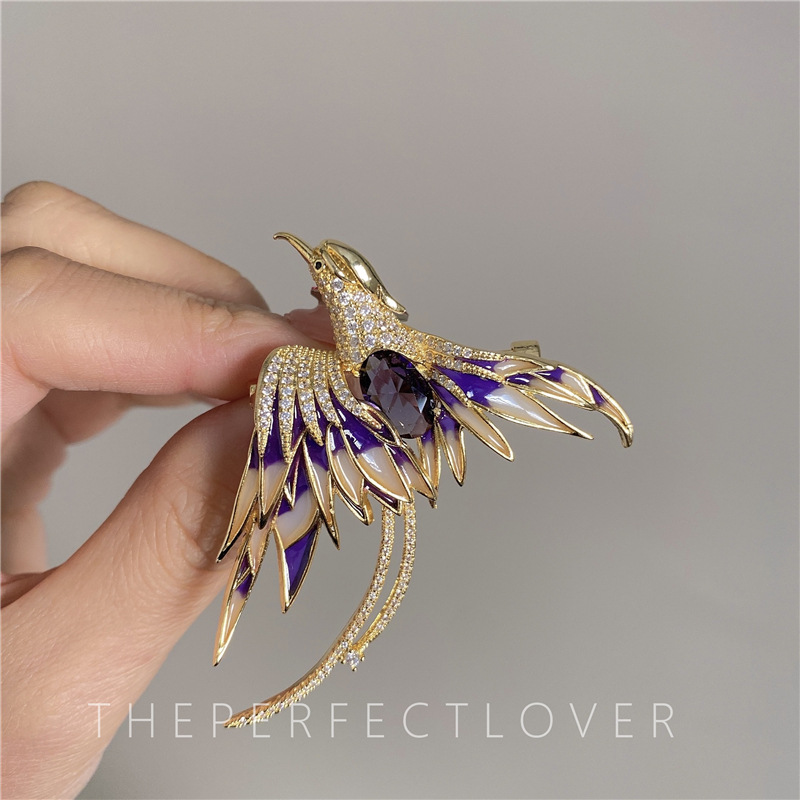 Copper Plating Phoenix Bird Brooch Female Fashion Diamond All-Match Suit Elegant Graceful Corsage Decoration Ornament