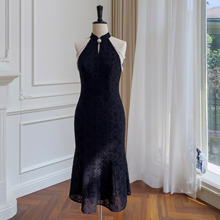 新中式旗袍黑色宴会礼服蕾丝修身连衣裙可拆卸珍珠链鱼尾裙 68209