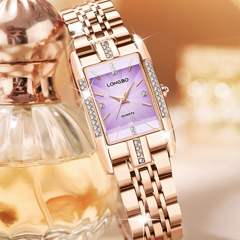 0成交1个longbo龙波新品手表直播热卖女士玫瑰金小方表防水腕表厂家