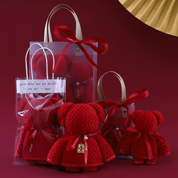 结婚创意小熊毛巾结婚伴手礼回礼伴娘红色婚庆小礼品礼盒logo批发