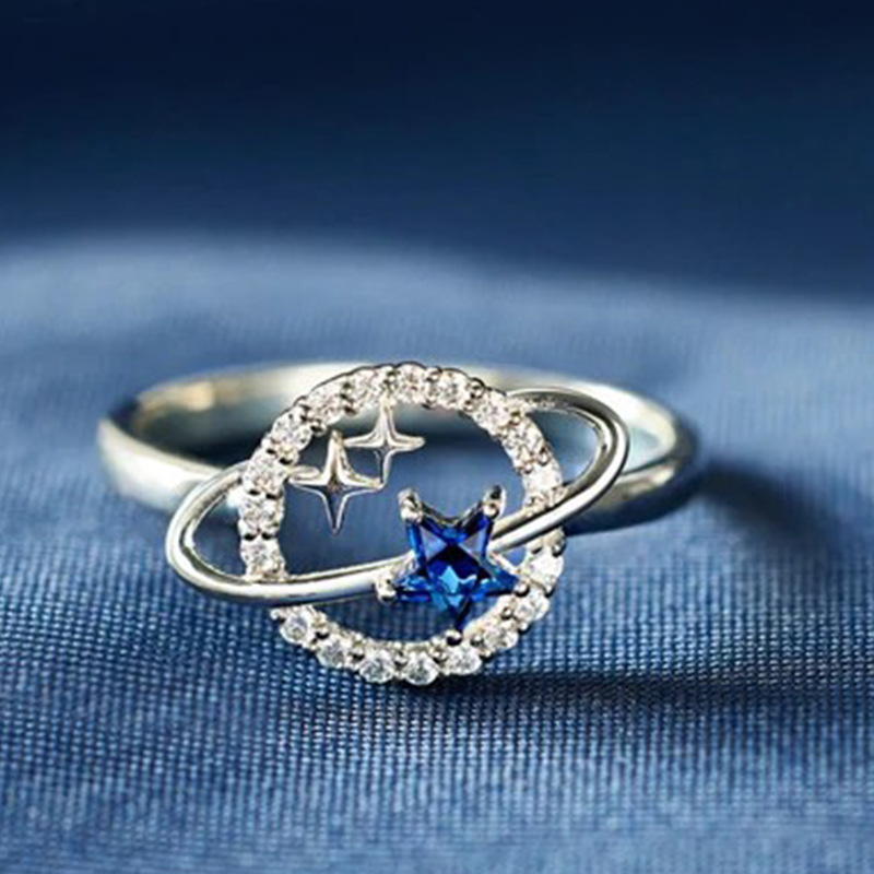 跨境热销简约时尚环球星空戒指五角星蓝锆石可调节指环
