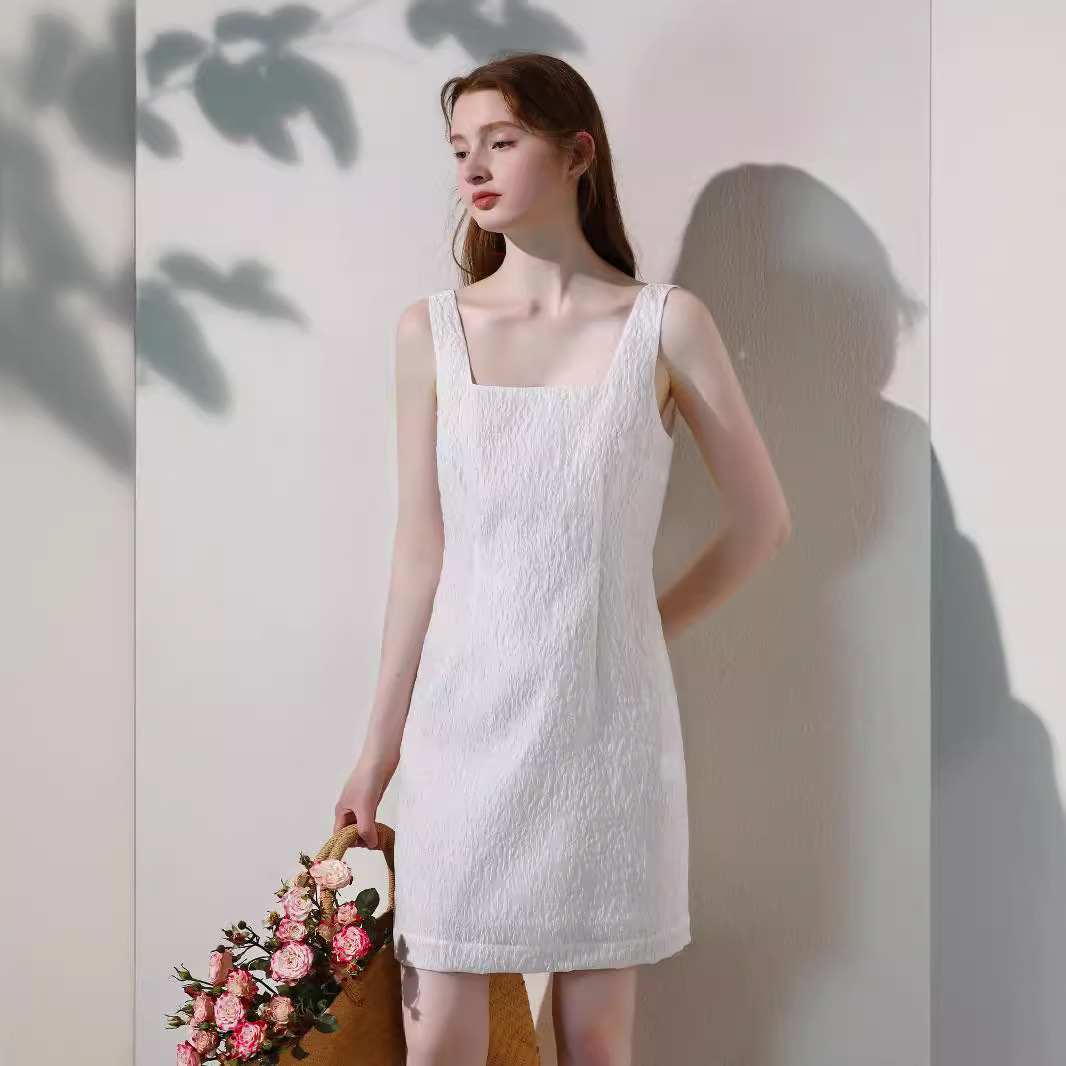 夏季新款法式轻礼服无袖连衣裙真丝混纺肌理感收腰吊带裙87360