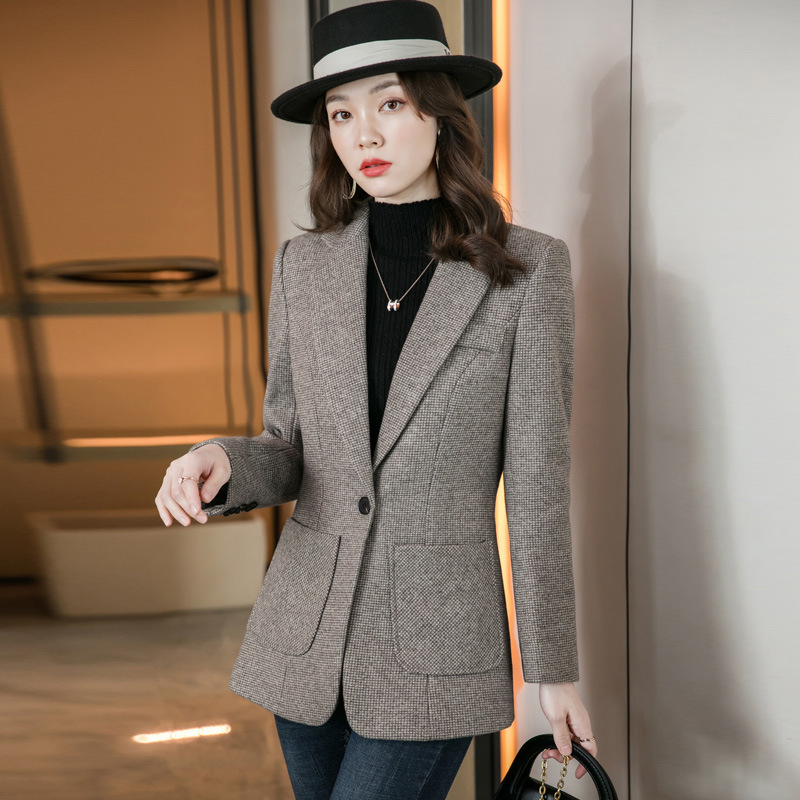 咖色毛呢厚西装外套女秋冬2021新款大码休闲女士小西服上衣冬加厚