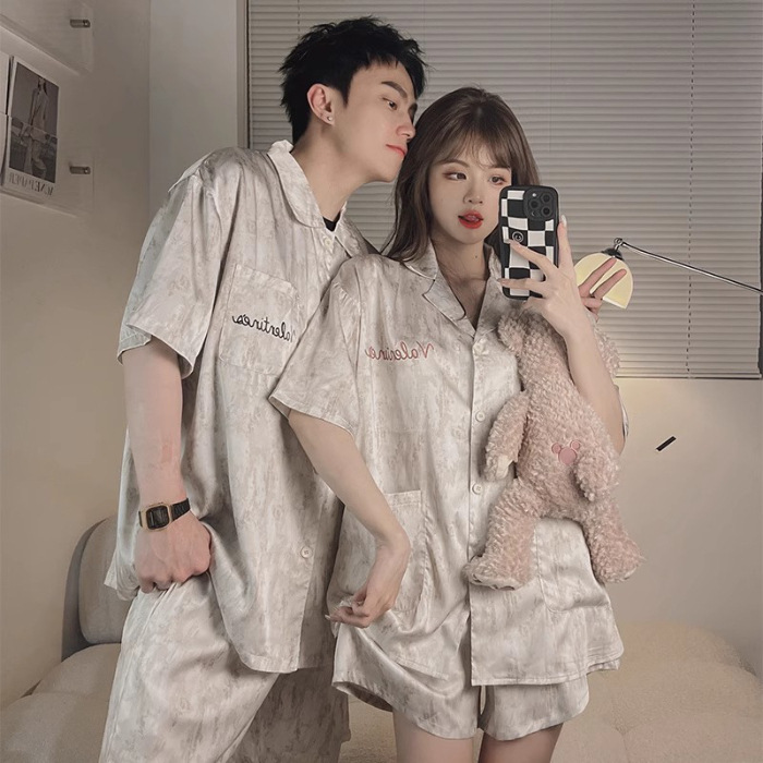 Wholesale Thin Summer Couple Pajamas Women's Short Sleeve Ice Silk Cardigan Men Can Wear outside High-Grade Home Wear Suit