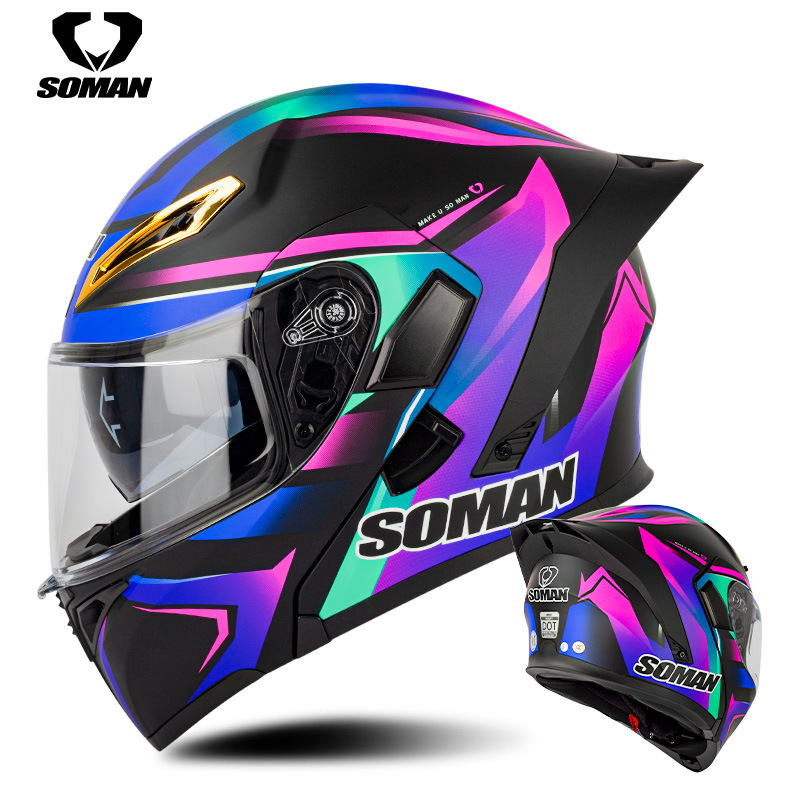 Soman Motorcycle Full Face Helmet Uv Protection Double Lens Modular Helmet Anti-Fog Full Face Helmet Electric Car Motorcycle Helmet