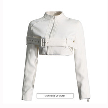 韩版ins女团风夹克上衣 2024新款设计感拼接系带收腰显瘦短款外套