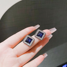 韩国时尚蓝色水晶方形耳钉潮简约气质个性菱形方块耳环女耳饰批发