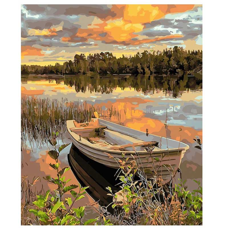 无框diy数字油画黄昏小船静物填色纯手绘装饰画客厅装饰