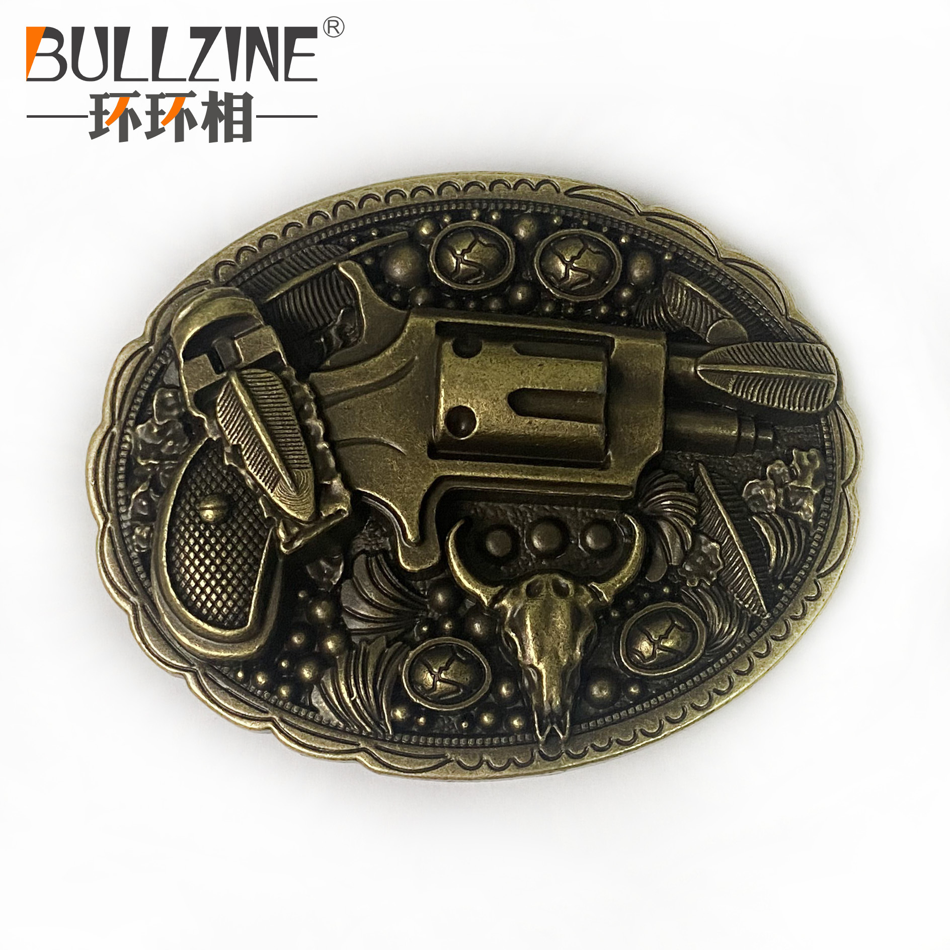 bullzine 锌合金手枪牛头皮带扣 03774