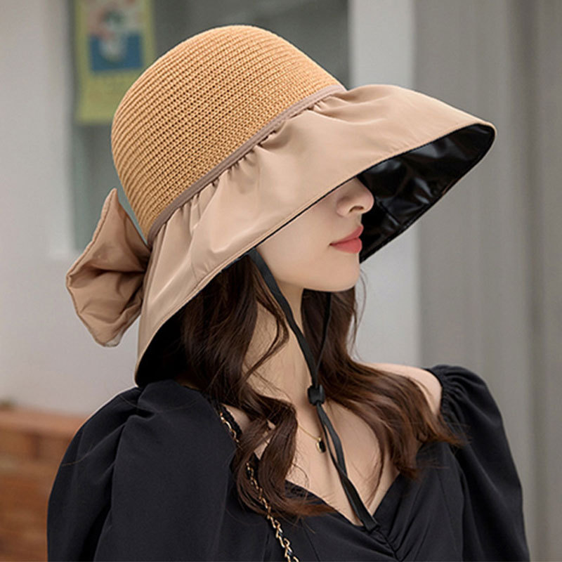 Hat Women's Summer Big Brim Black Glue Fisherman Hat Bow Sun Hat Face Cover Storage Bag Sun Hat Sun Hat
