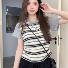 刺绣插肩袖T恤甜妹风修身短款夏季新款韩版条纹短袖女小众设计感