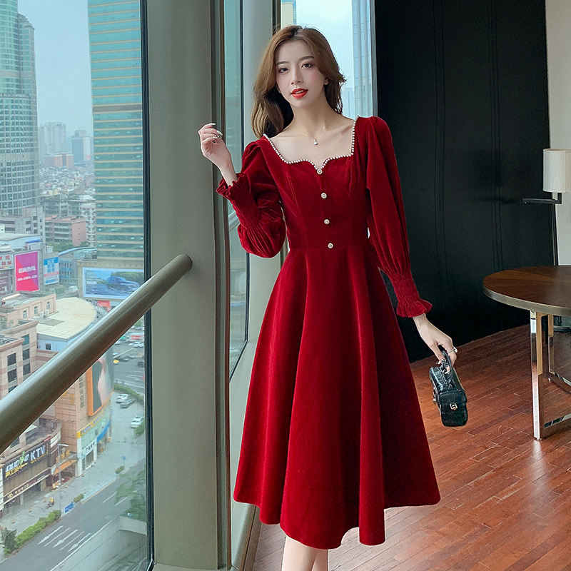 新娘敬酒服平时可穿小个子方领长袖酒红色丝绒订婚主持宴会晚礼服