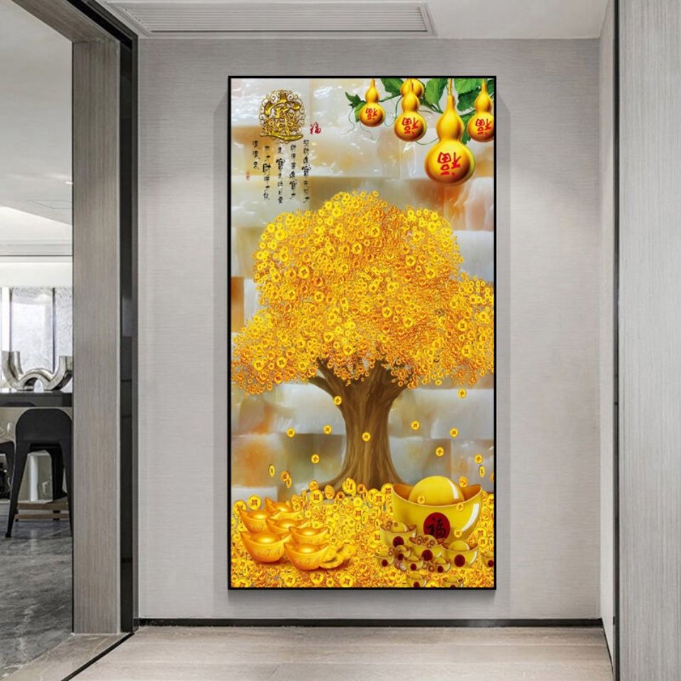 黄金大道发财树玄关装饰画过道走廊入户竖版新中式招财摇钱树挂画