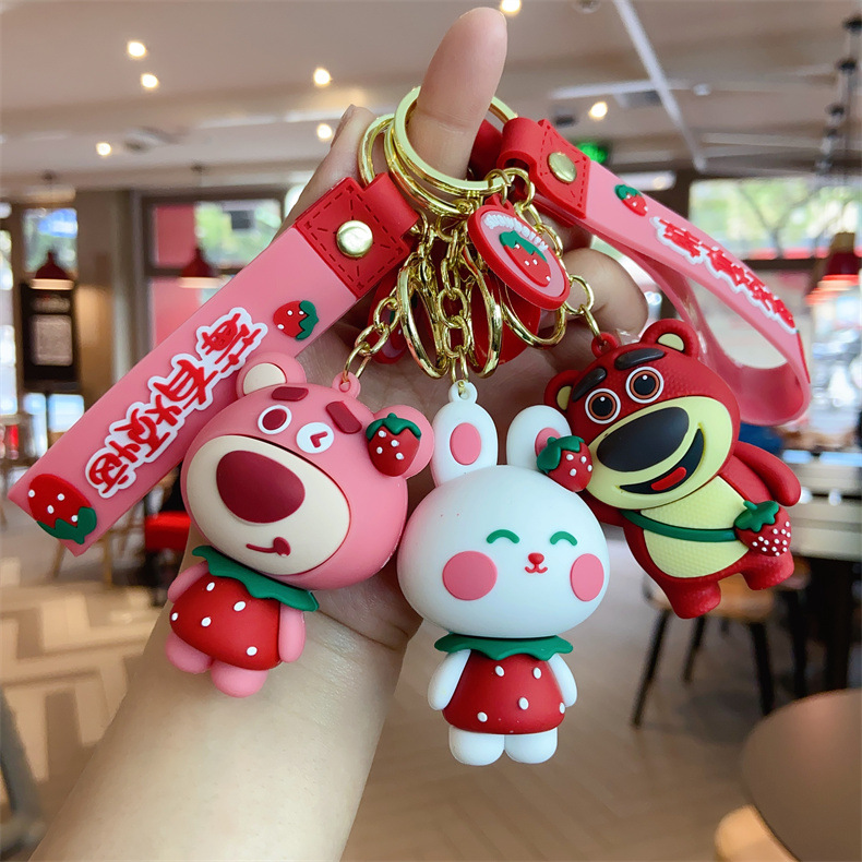 Creative Strawberry Bunny Bear Animal Keychain Pendant Female Cute Cartoon Car Key Chain Small Gift Wholesale