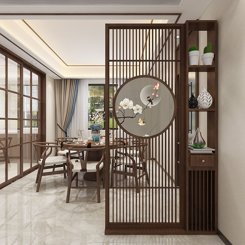 屏风隔断玄关客厅屏风柜子入户中式实木现代简约镂空风水置物架