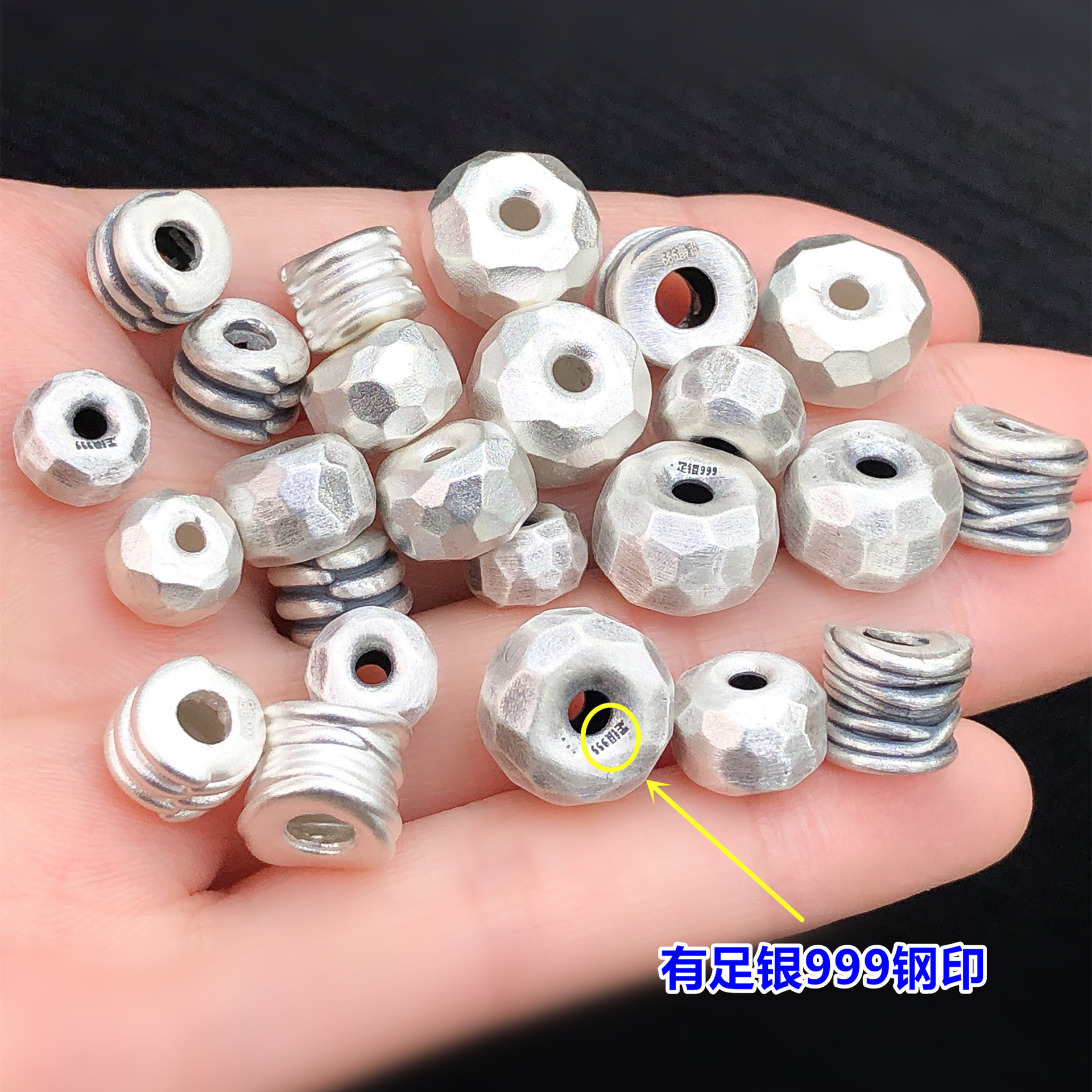 s999 pure silver hammered striped large-hole spacer beads, barrel beads, crystal accessories for handmade DIY jewelry, bracelet, and necklace making