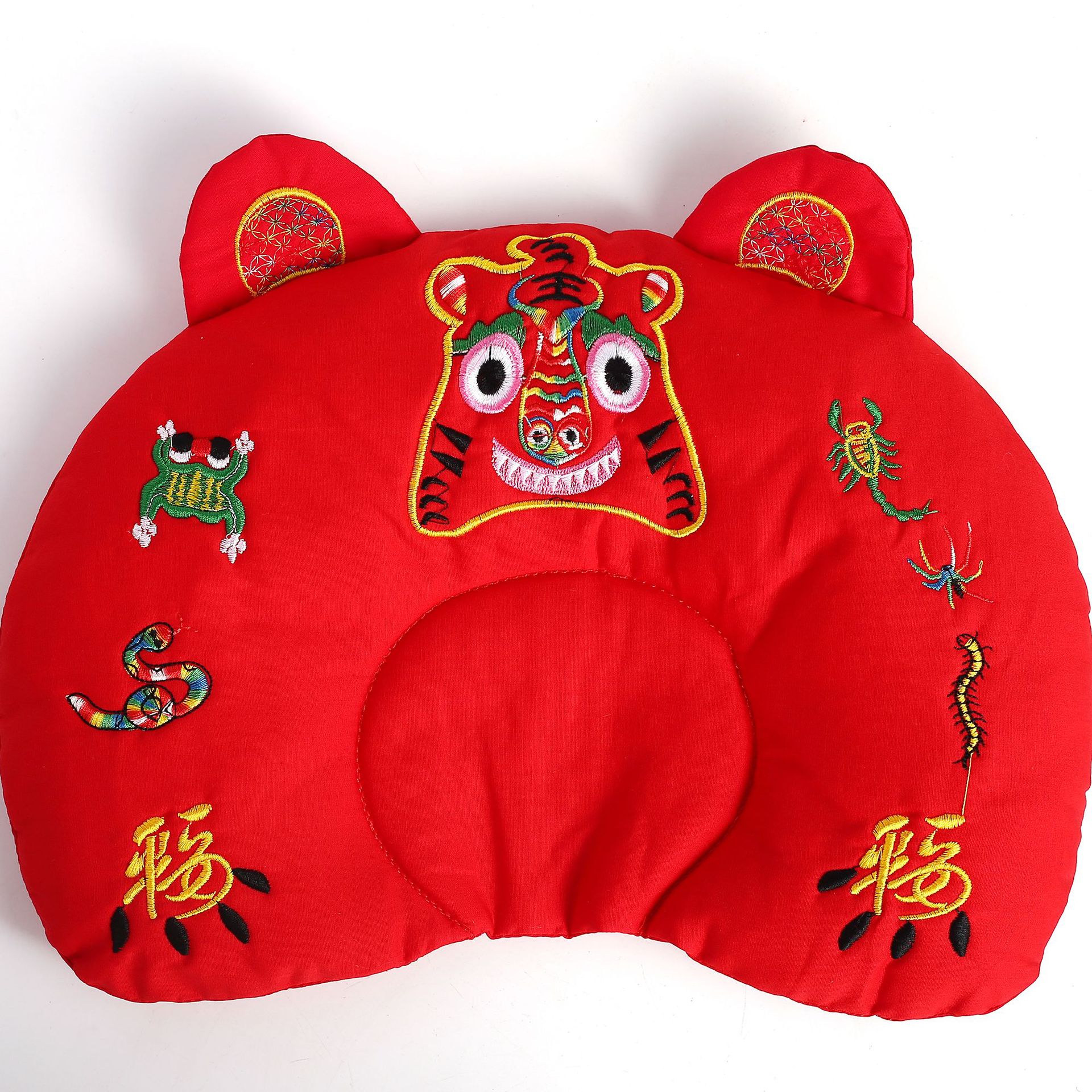 新生儿刺绣棉布u型老虎枕头荞麦壳填充 双拉链内胆调节高度婴幼儿