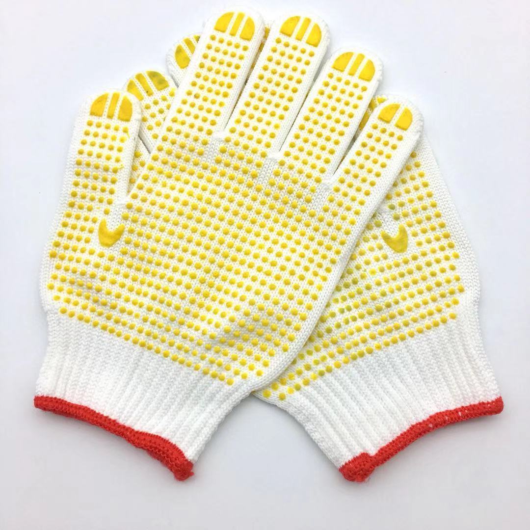 pvc点塑防滑耐磨点胶手套棉纱尼龙针织点珠浸塑工地防护劳保手套