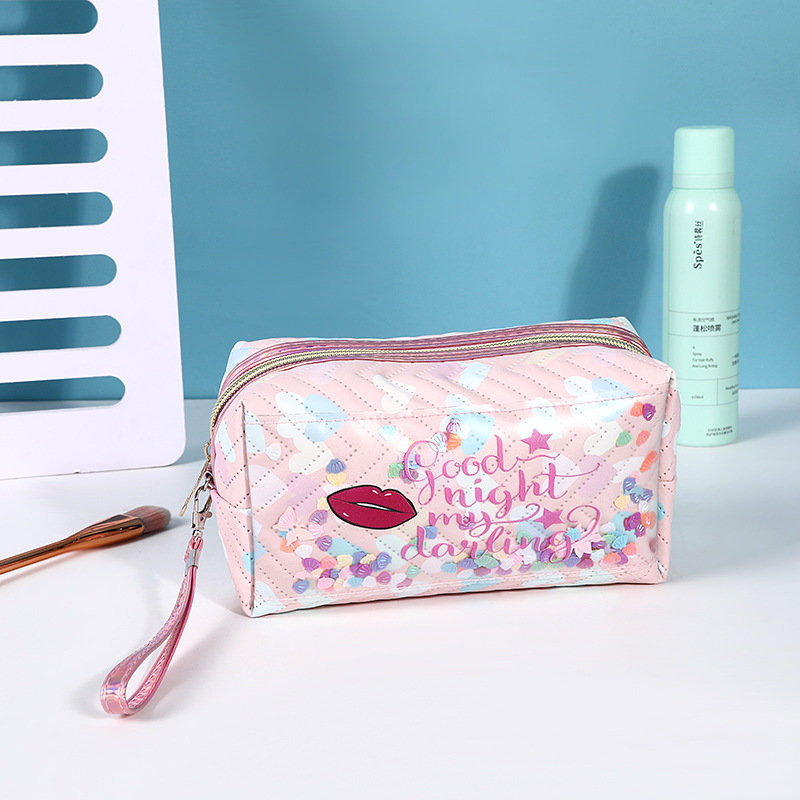 European and American Fashion English PU Leather Cosmetic Bag Outdoor Portable Portable Toiletry Bag Personalized Small Shell Sequin Storage Bag