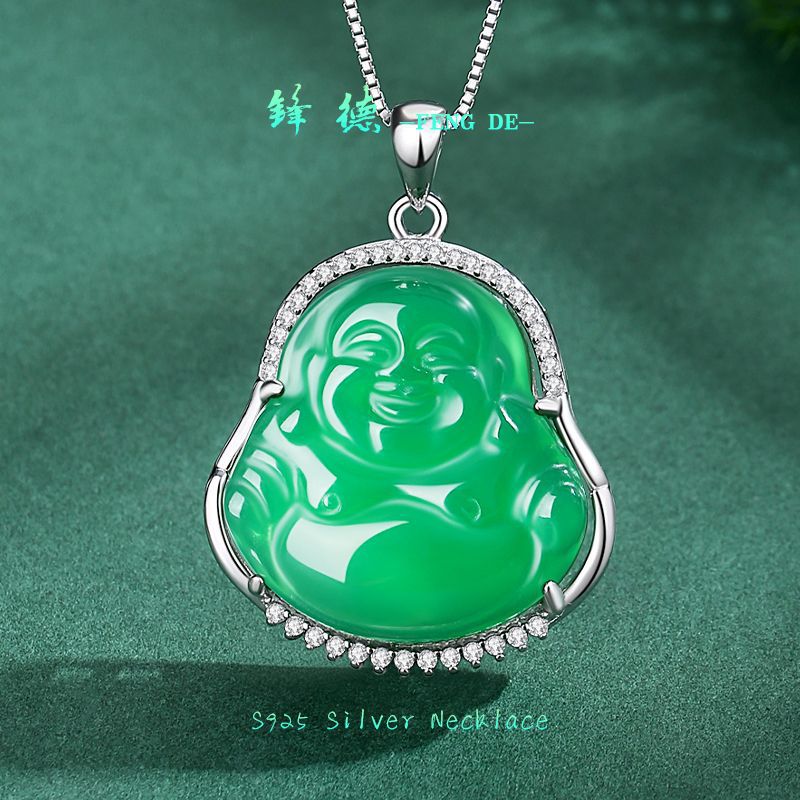 s925银佛公项链女高冰玉髓弥勒佛吊坠国潮轻奢小众笑佛锁骨链饰品