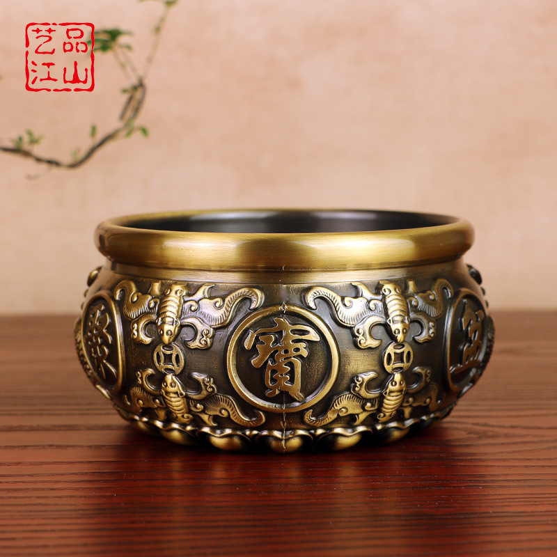 艺品江山纯铜聚宝盆风水铜盆家居客厅办公室店铺开业礼品装饰摆件