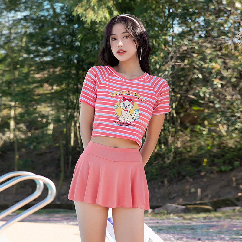 泳衣分体裙式少女时尚条纹显瘦两件套泳装女士保守平角裤温泉泳装