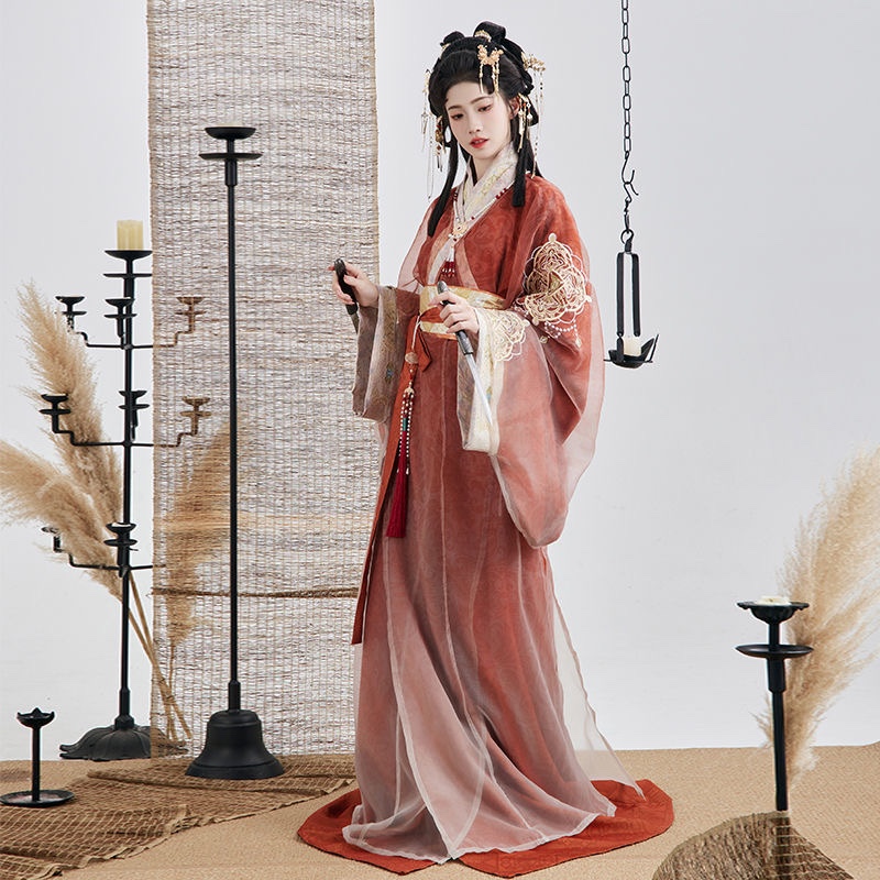 紫衿汉服女落日溶金战国袍拖尾直裾重工刺绣春夏款拍摄出片闺蜜仙