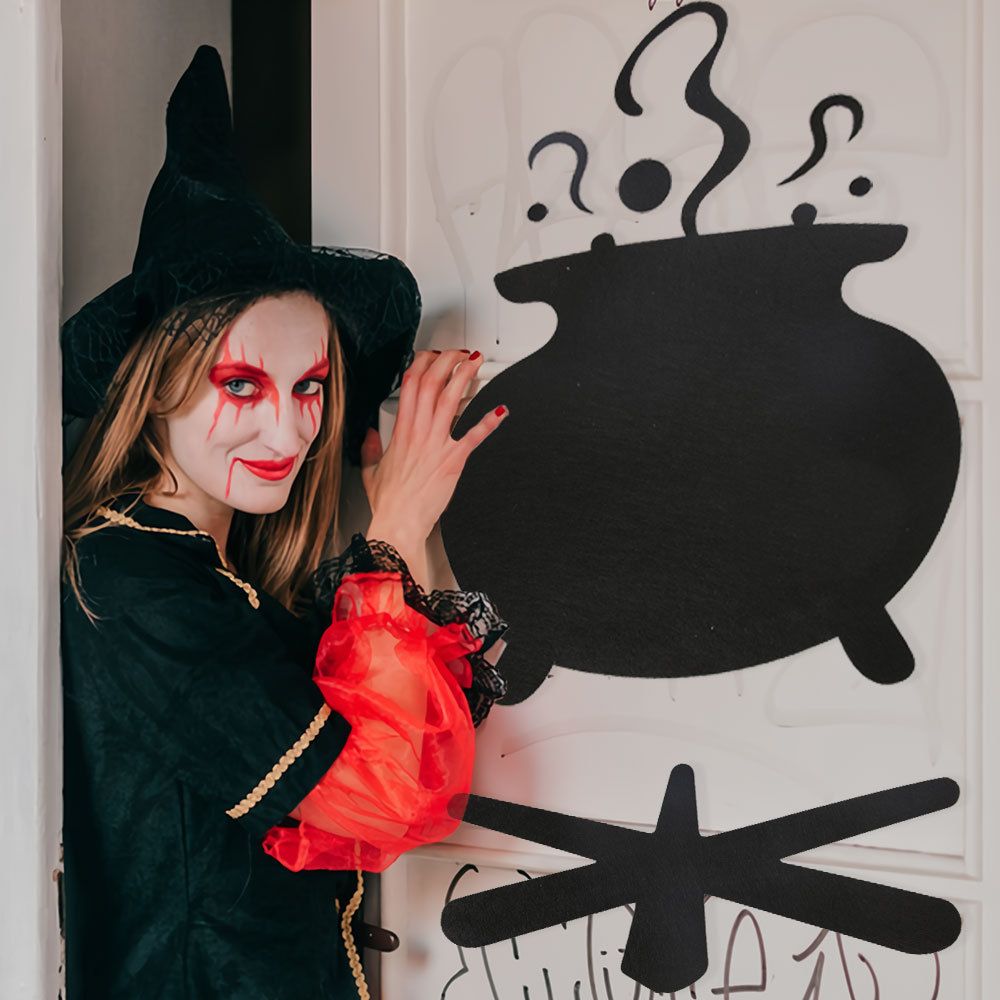 新款万圣节恐怖毛毡门贴鬼节派对装饰品墙贴恶魔骷髅南瓜电锯窗贴