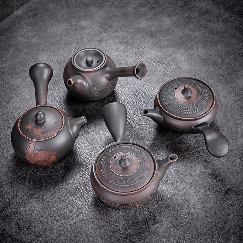紫陶刻花跳刀侧把壶云南建水茶壶陶瓷手制大紫砂壶家用泡茶器单壶
