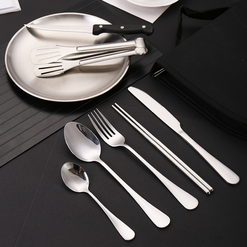 Cross-Border Outdoor Stainless Steel Tableware Set Portable Travel Camping 10-Piece Barbecue Plate Food Clip Knife Fork Spoon