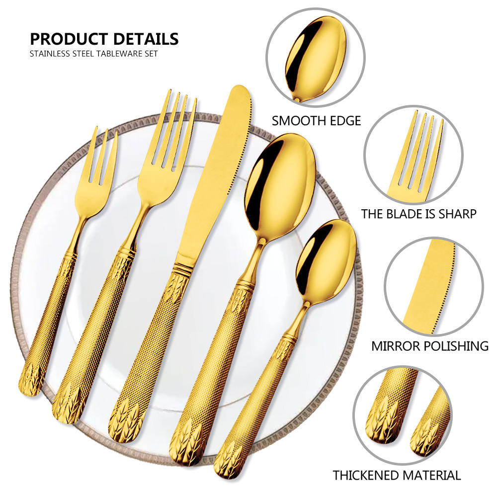 Amazon Stainless Steel Tableware Set Knife, Fork and Spoon Cross-Border New Arrival Wheat Gold Plated Western Food/Steak
