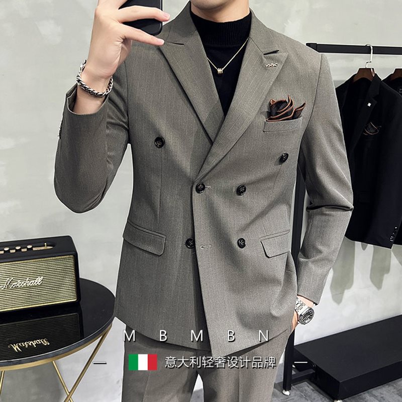 双排扣西装男套装秋季男士修身条纹休闲西服商务正装新郎结婚礼服