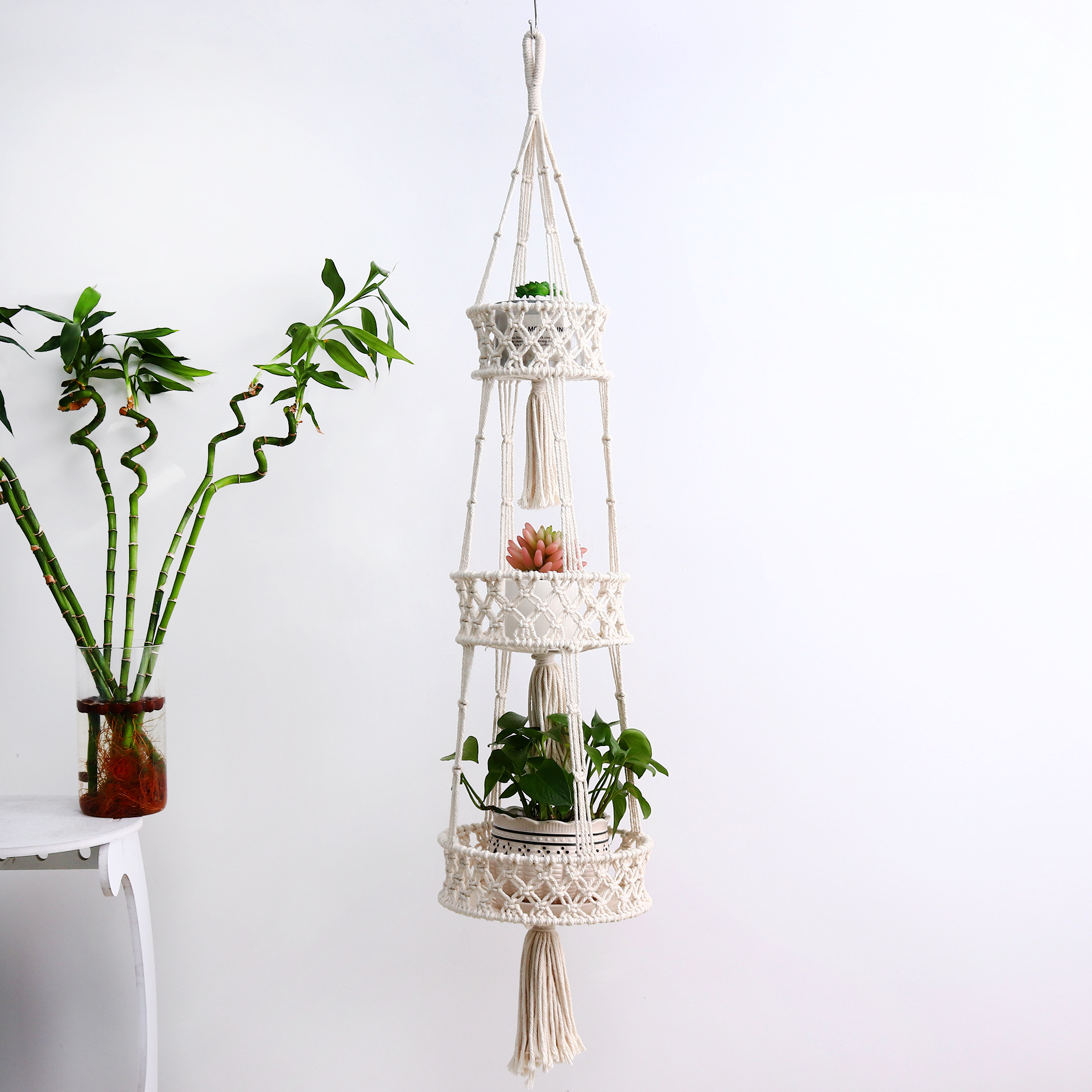 Hand-Woven Cotton Cord Three-Layer Flower Basket Decorative Hanging Basket Folding Storage Hanging Basket Wall Basket Flower Pot