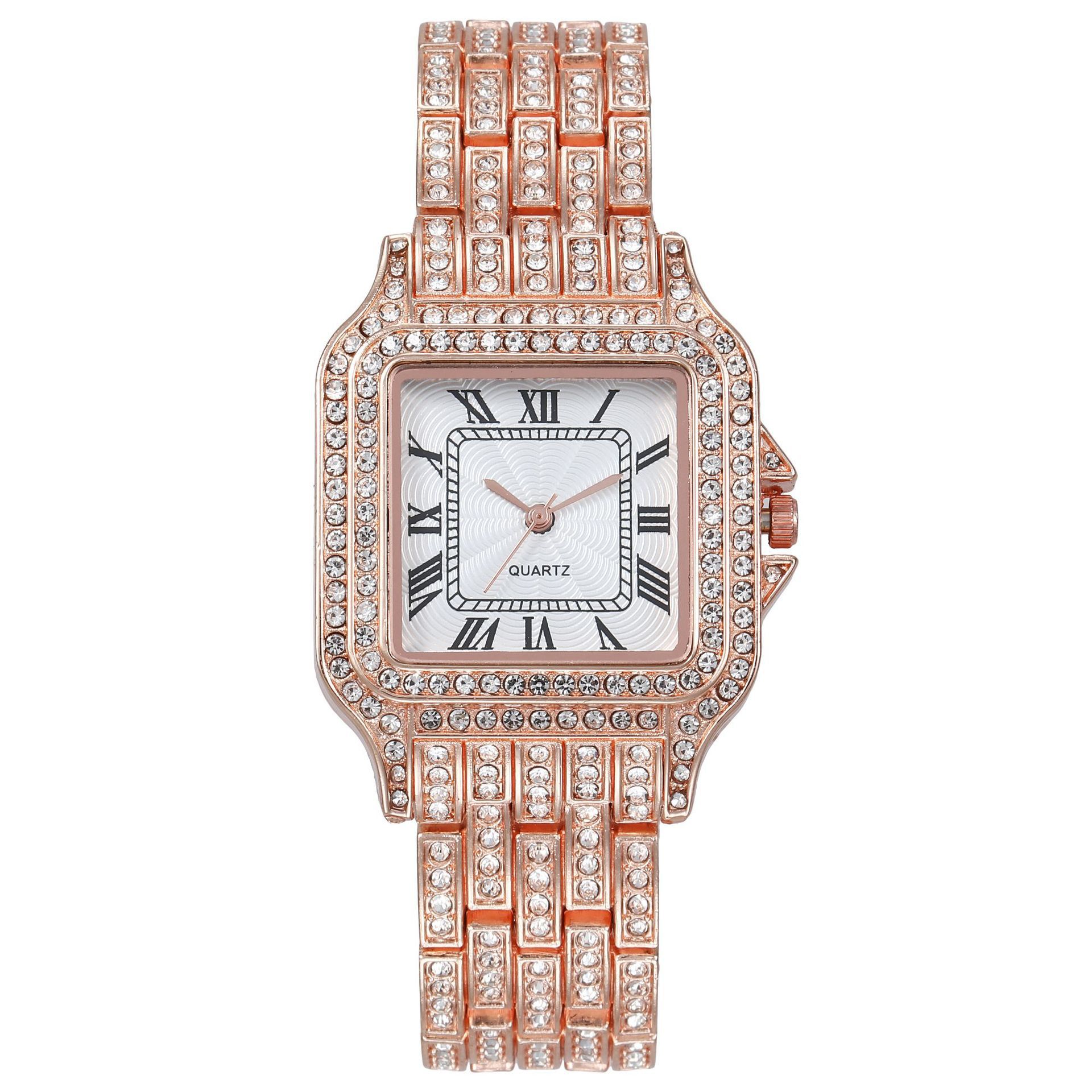 2022跨境热卖方形镶钻钢带女表满钻罗马数字石英学生腕表一件代发