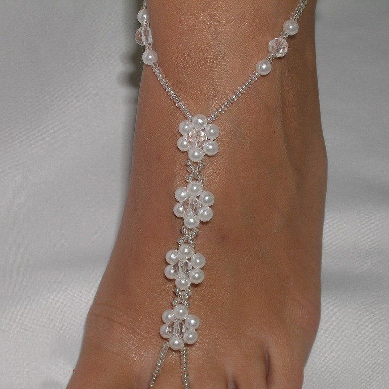 潮流新款夏季欧美水钻珍珠小花连指弹力脚链沙滩脚链跨境新娘饰品