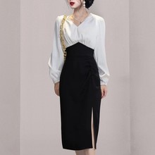 设计感小众V领显瘦显高开叉黑白拼接连衣裙 跨境女装秋季新款长裙