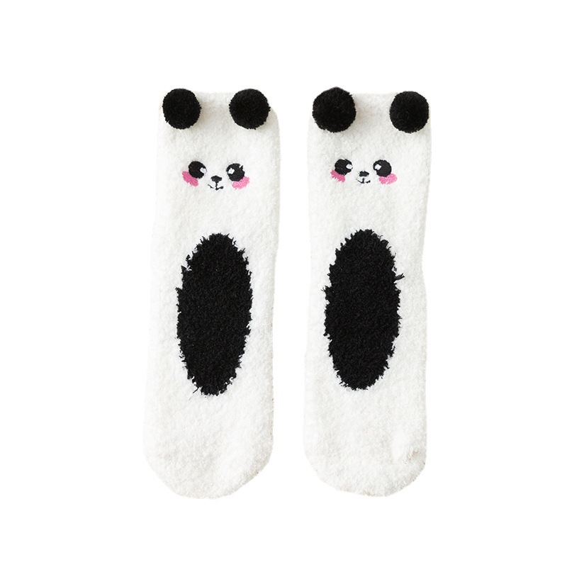 2021 Autumn and Winter New Women's Mid Tube Stockings Three-Dimensional Cartoon Cute Bear Coral Fleece Home Room Socks Half Velvet Sleeping Socks