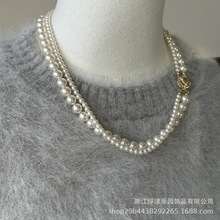 春夏季新款复古正圆强光双层缠绕麻花珍珠项链美产14k包金锁骨链