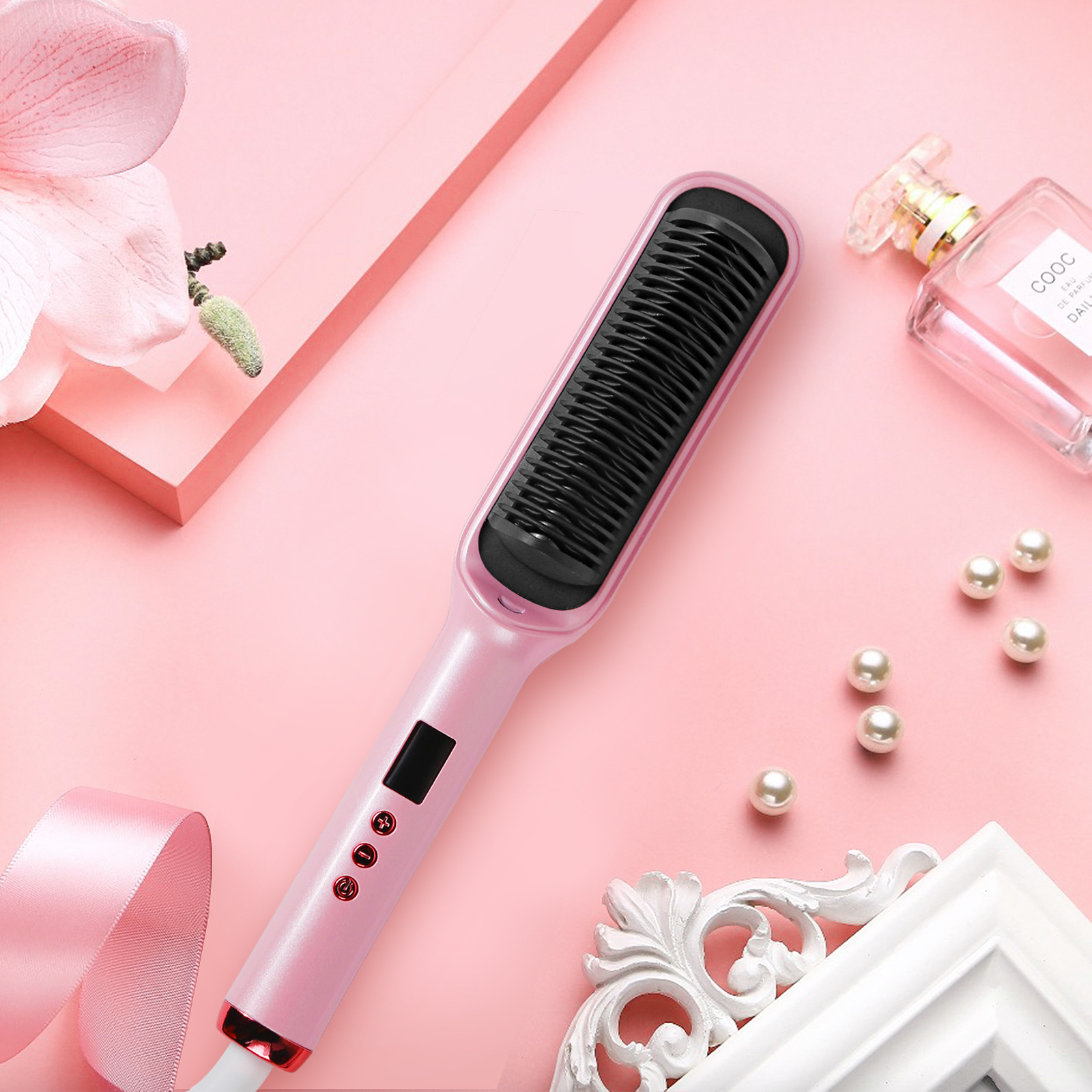 负离子双用充电家用直发梳造型梳懒人卷发棒两用粉色直发器卷发器